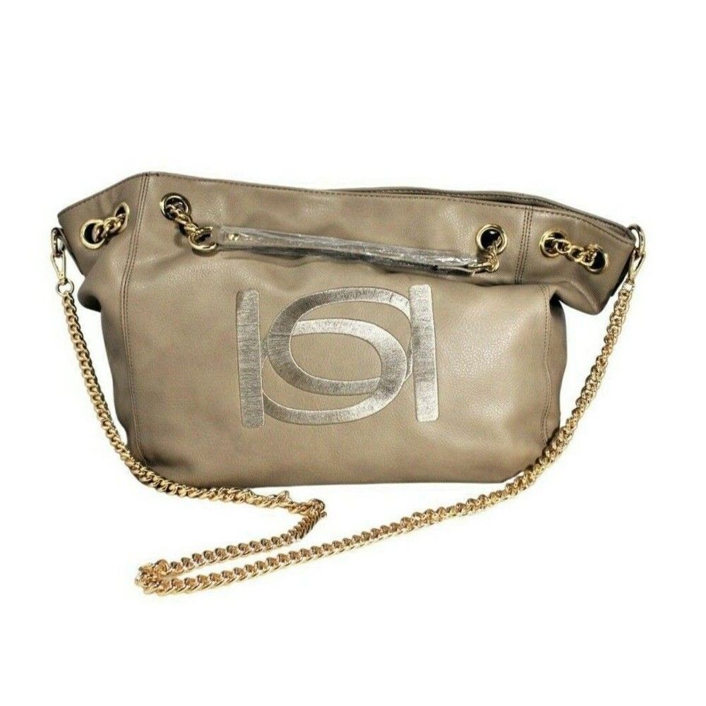 BEBE Tote Shopper Bag Lg Vegan Leather Gold Tone Chain Dark Beige Style Whitney